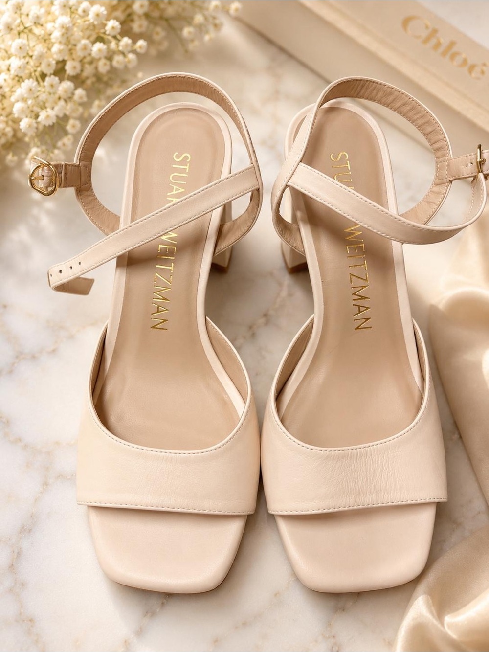 Stuart Weitzman Cream Square-Toe Ankle-Strap Block Heel Sandals